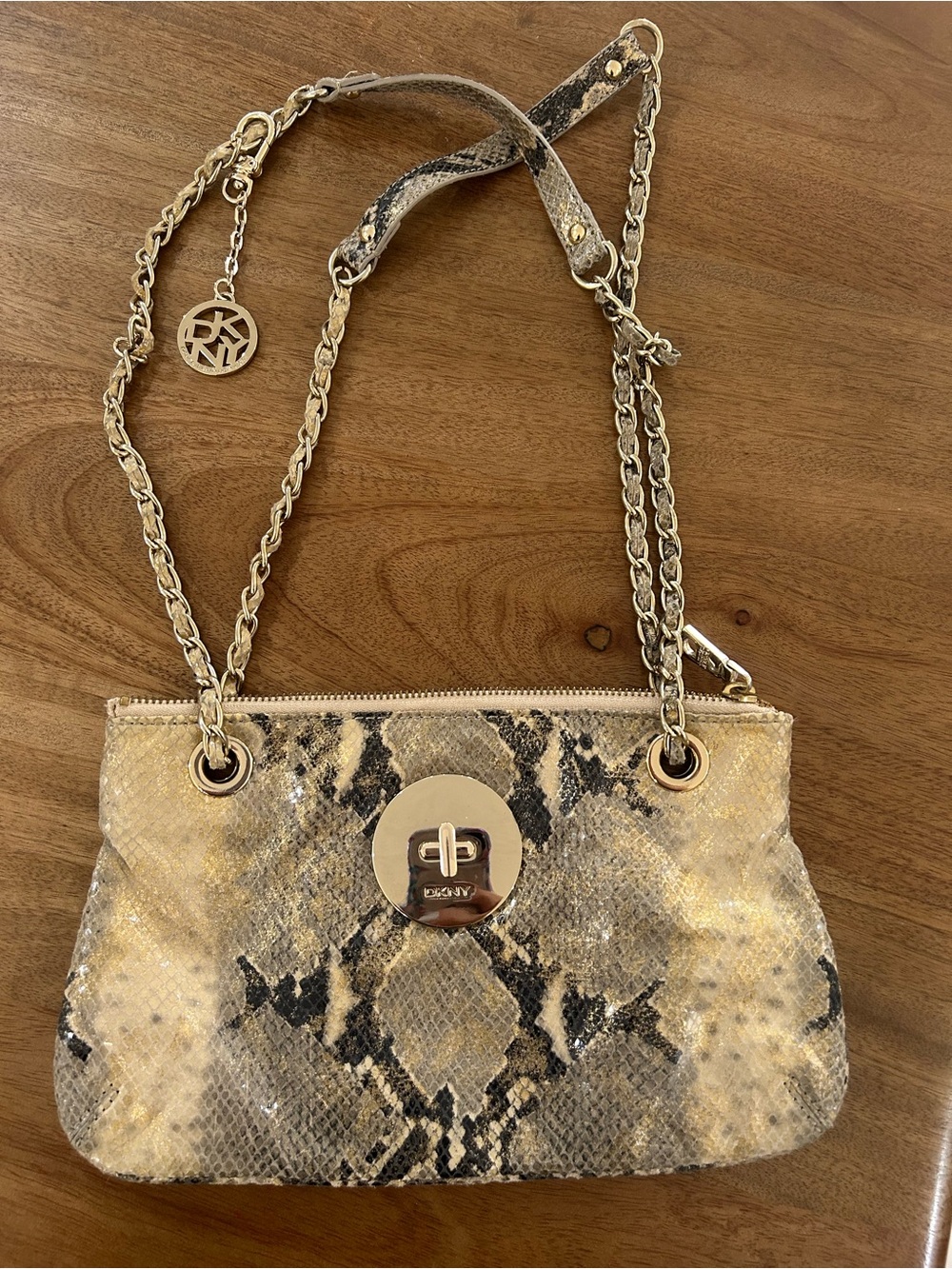 Dkny Gold and Brown Snake-Print Chain Shoulder Bag